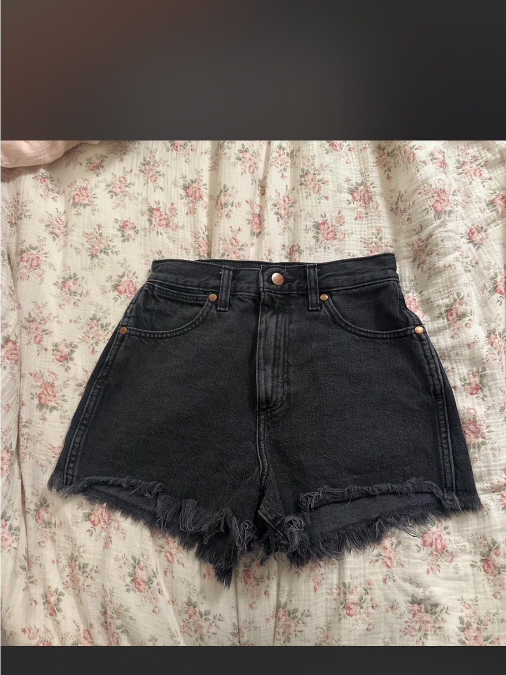 High-Waist Black Frayed Hem Denim Shorts